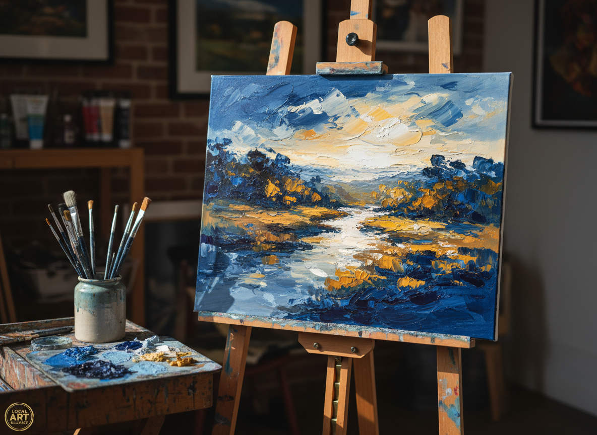 A close-up view of a textured artist’s canvas resting on an easel in a quiet studio corner, showing layered brushstrokes of cobalt blue, warm ochre, and soft white blending into an abstract landscape. Beside the easel, a wooden taboret holds neatly arranged brushes with paint-stained handles, a ceramic water jar, and a metal palette with carefully mixed colors. Late-morning natural light enters from an unseen window, creating gentle highlights on the wet paint and soft shadows behind the easel. The atmosphere is contemplative and focused, evoking the process of creation supported by a local art alliance. Photographed at a shallow depth of field from a three-quarter angle, with the canvas in sharp focus and the background softly blurred, the photographic realism emphasizes intimate detail and artistic dedication.